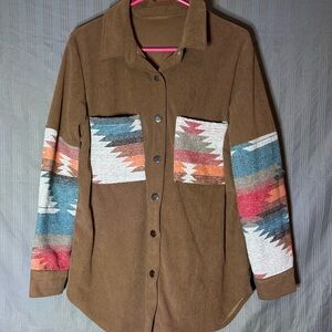 Brown Corduroy Shirt with Patterned Sleeves